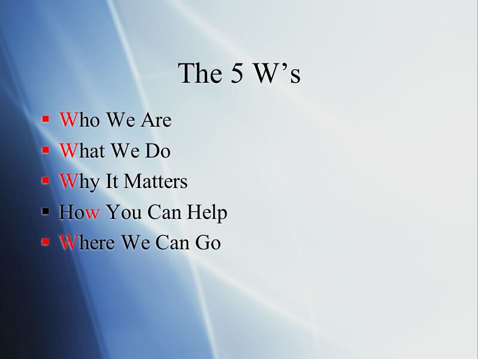 The 5 W’s  Who We Are  What We Do  Why It Matters  How You Can Help  Where We Can Go