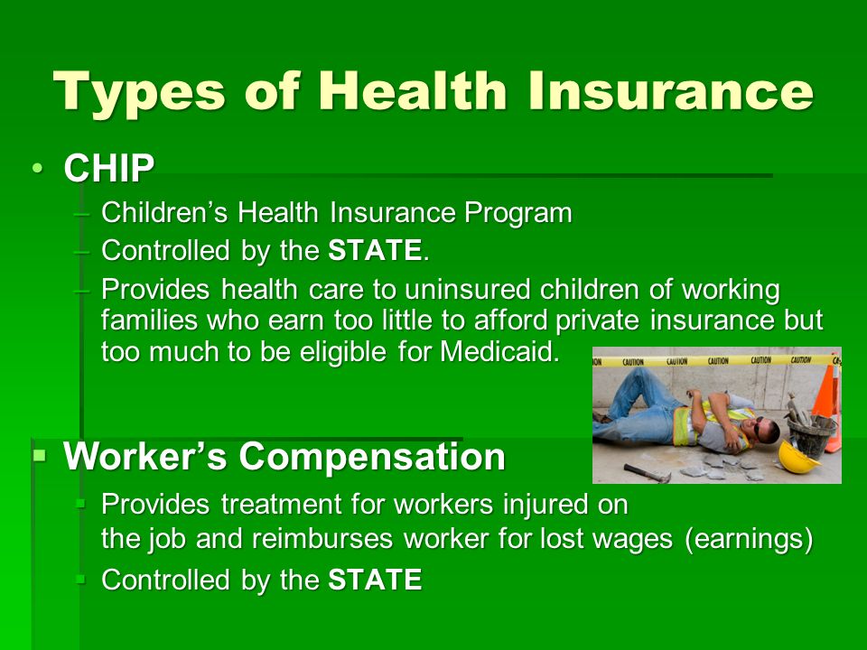 Types of Health Insurance CHIPCHIP –Children’s Health Insurance Program –Controlled by the STATE.
