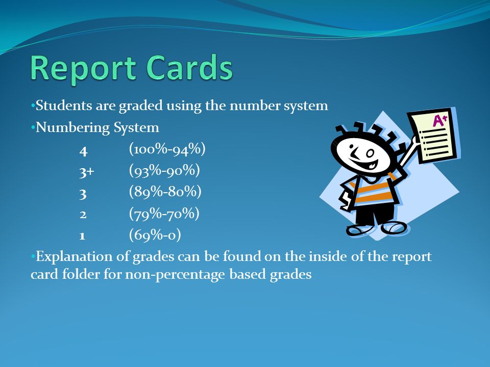 Students are graded using the number system Numbering System 4 (100%-94%) 3+ (93%-90%) 3 (89%-80%) 2 (79%-70%) 1 (69%-0) Explanation of grades can be found on the inside of the report card folder for non-percentage based grades