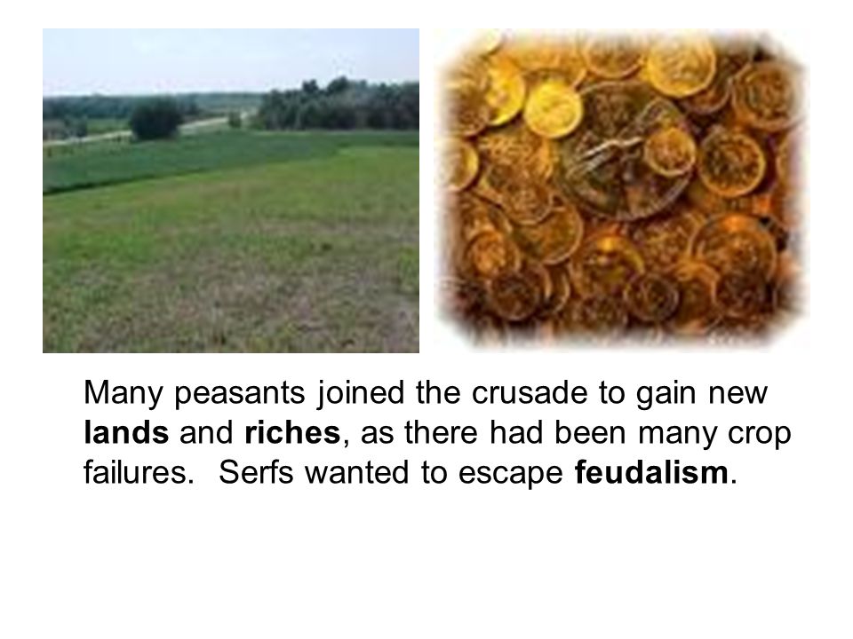Many peasants joined the crusade to gain new lands and riches, as there had been many crop failures.