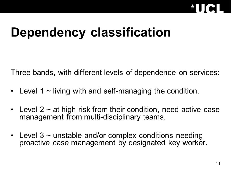 11 Dependency classification Three bands, with different levels of dependence on services: Level 1 ~ living with and self-managing the condition.