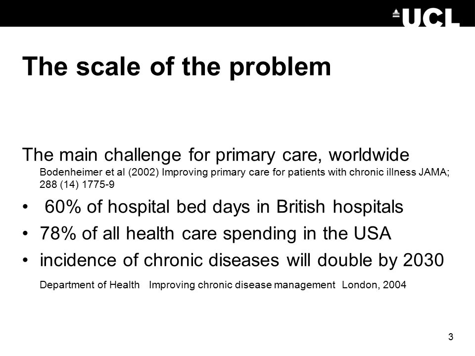 3 The scale of the problem The main challenge for primary care, worldwide Bodenheimer et al (2002) Improving primary care for patients with chronic illness JAMA; 288 (14) % of hospital bed days in British hospitals 78% of all health care spending in the USA incidence of chronic diseases will double by 2030 Department of Health Improving chronic disease management London, 2004