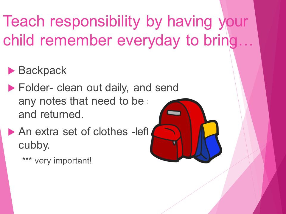 Teach responsibility by having your child remember everyday to bring…  Backpack  Folder- clean out daily, and send any notes that need to be signed and returned.