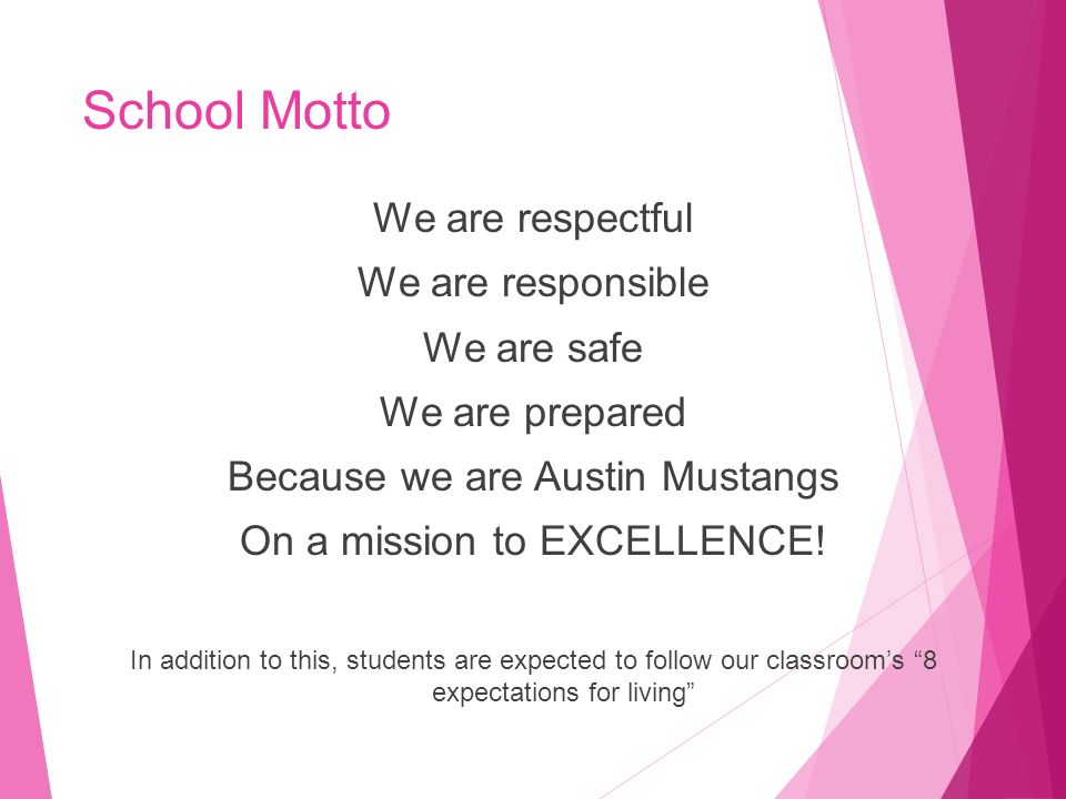 School Motto We are respectful We are responsible We are safe We are prepared Because we are Austin Mustangs On a mission to EXCELLENCE.