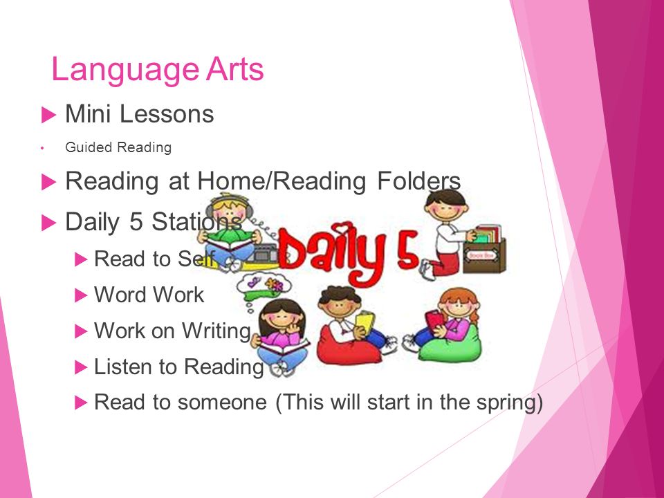 Language Arts  Mini Lessons Guided Reading  Reading at Home/Reading Folders  Daily 5 Stations  Read to Self  Word Work  Work on Writing  Listen to Reading  Read to someone (This will start in the spring)