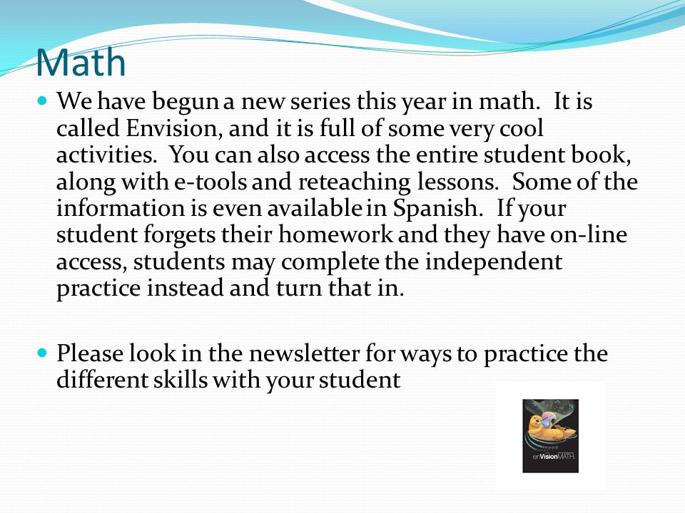 Math We have begun a new series this year in math.
