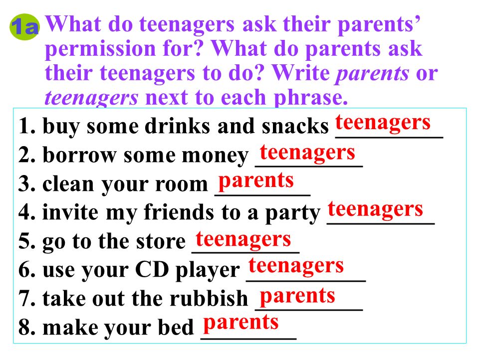 1a What do teenagers ask their parents’ permission for.