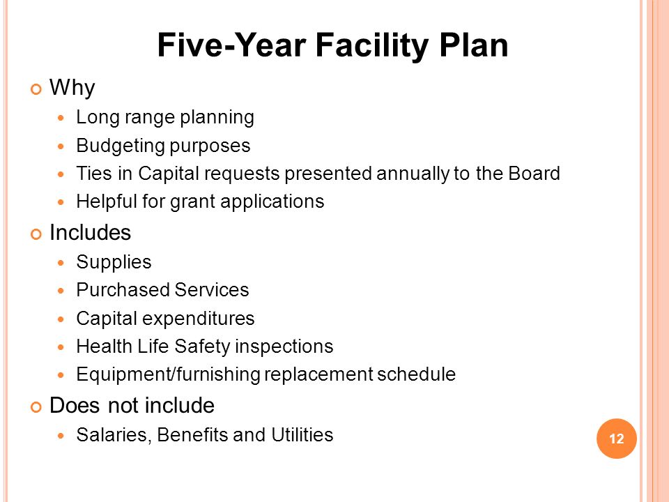 Five-Year Facility Plan Why Long range planning Budgeting purposes Ties in Capital requests presented annually to the Board Helpful for grant applications Includes Supplies Purchased Services Capital expenditures Health Life Safety inspections Equipment/furnishing replacement schedule Does not include Salaries, Benefits and Utilities 12