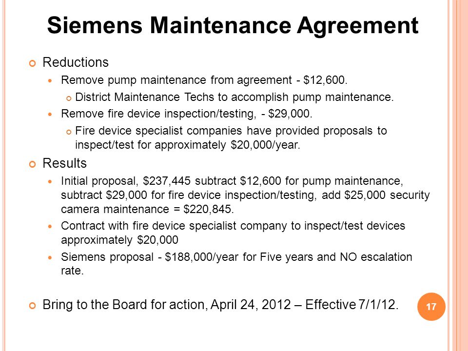 Reductions Remove pump maintenance from agreement - $12,600.