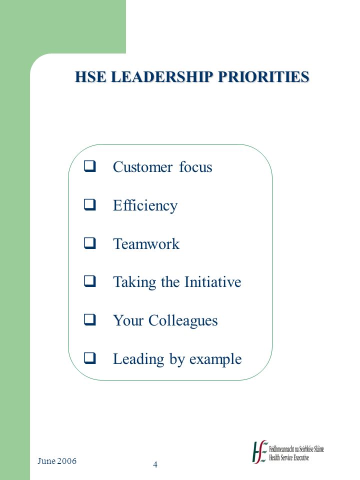 4 June 2006 HSE LEADERSHIP PRIORITIES  Customer focus  Efficiency  Teamwork  Taking the Initiative  Your Colleagues  Leading by example