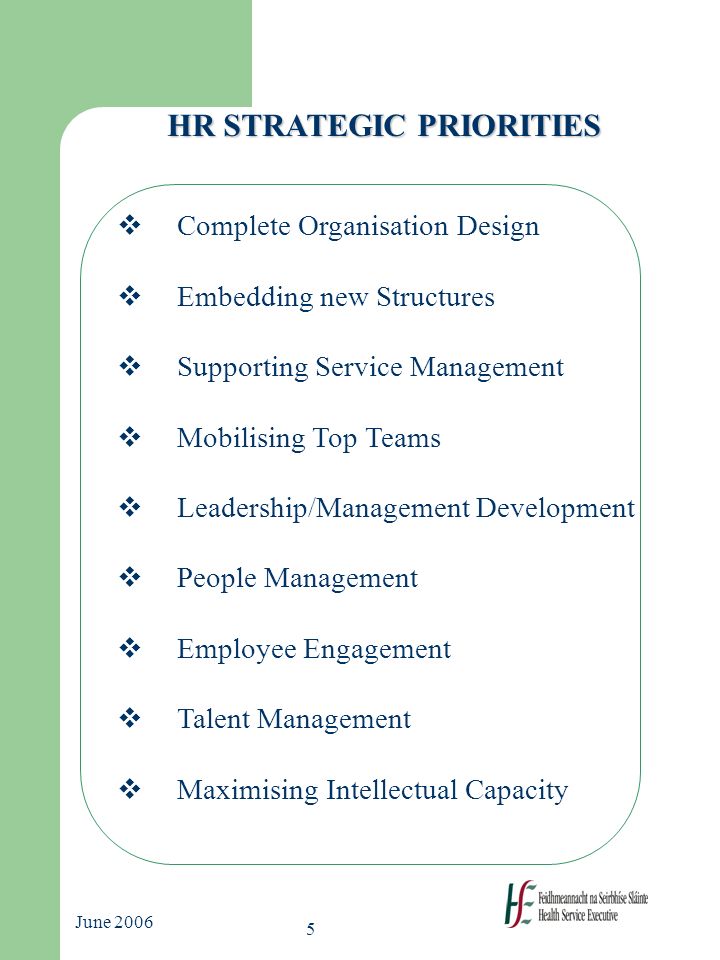 5 June 2006 HR STRATEGIC PRIORITIES  Complete Organisation Design  Embedding new Structures  Supporting Service Management  Mobilising Top Teams  Leadership/Management Development  People Management  Employee Engagement  Talent Management  Maximising Intellectual Capacity