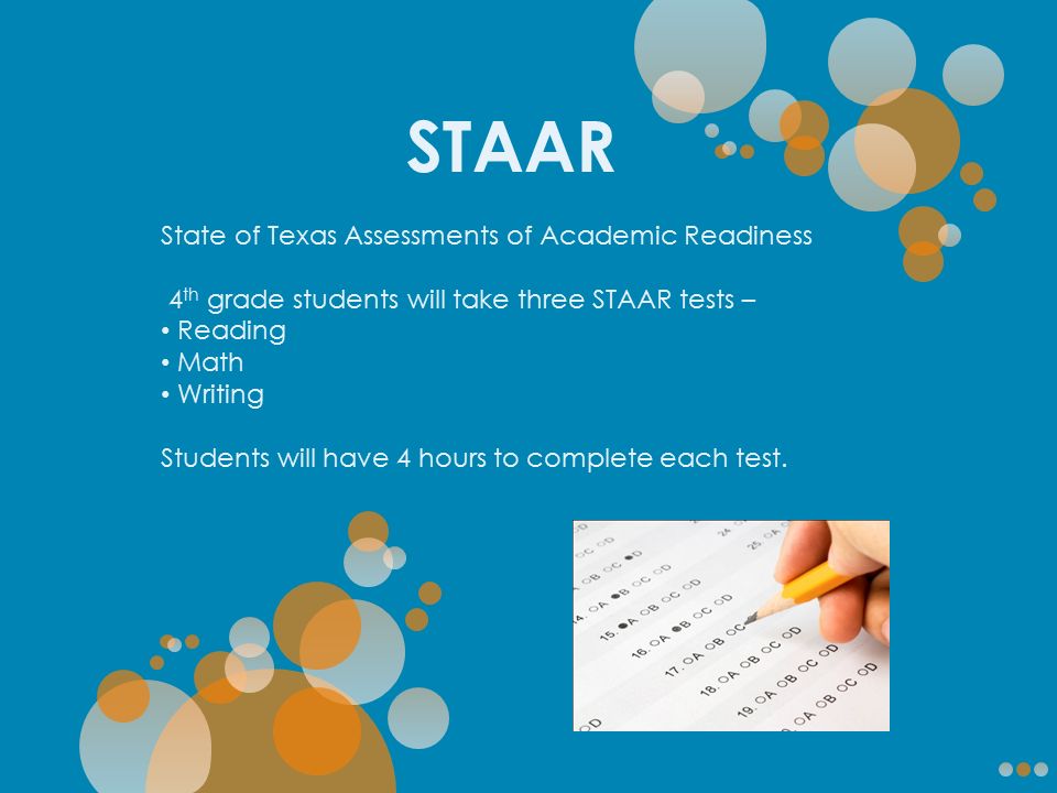 STAAR State of Texas Assessments of Academic Readiness 4 th grade students will take three STAAR tests – Reading Math Writing Students will have 4 hours to complete each test.