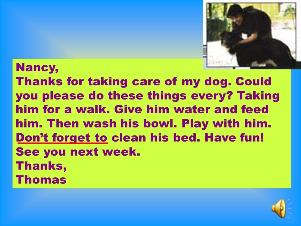 Exercise Cleaning Food take him for a walk play with him wash his bowl clean his bed give him water feed him