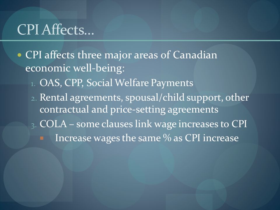 CPI Affects… CPI affects three major areas of Canadian economic well-being: 1.