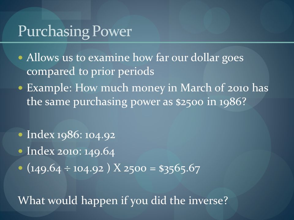 Purchasing Power Allows us to examine how far our dollar goes compared to prior periods Example: How much money in March of 2010 has the same purchasing power as $2500 in 1986.