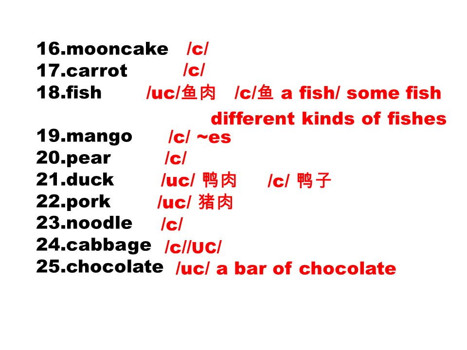 1.hamburger 2.chicken 3.egg 4.bread 5.beef 6.cake 7.orange 8.peach 9.coke 10.tomato 11.milk 12.lemon 13.kiwi 14.peanut 15.biscuit /c/ /u/ 鸡肉 /c/ an ~ /u/ a piece of ~ /c/ /u/ 桔子汁 /c/ 桔子 an ~ /c/ ~es /u/ a bottle of /c/ /u/ a bottle of ~ /c/ /c/ 小鸡