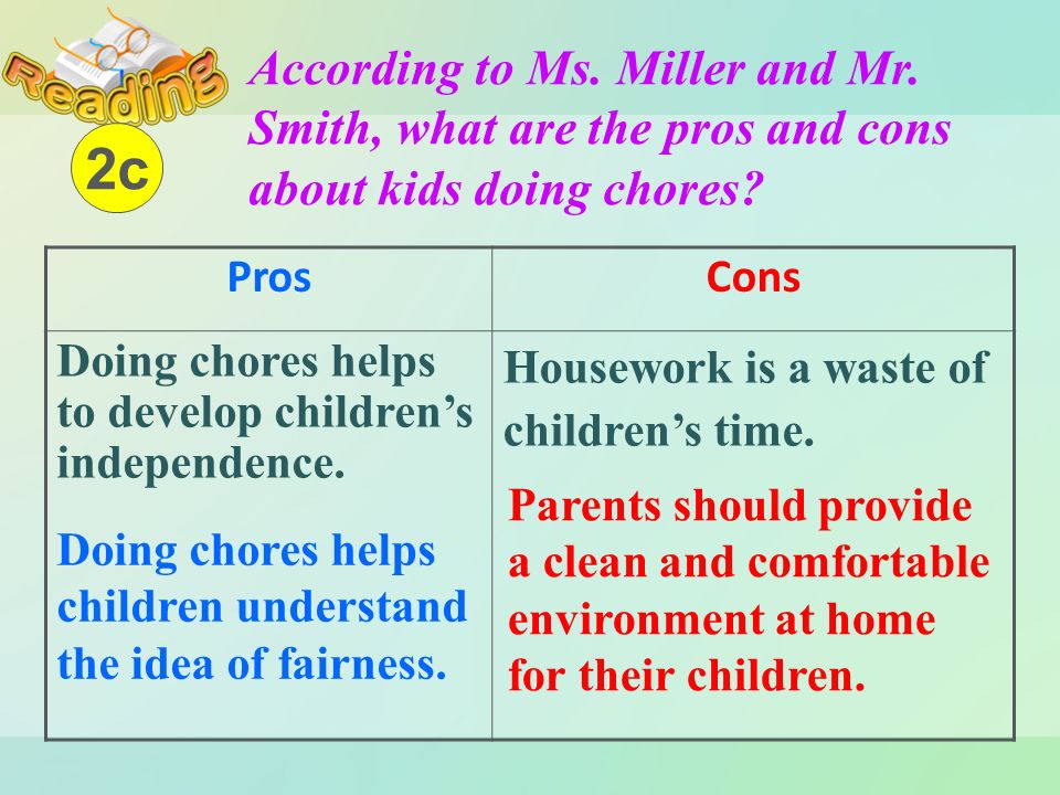 According to Ms. Miller and Mr. Smith, what are the pros and cons about kids doing chores.