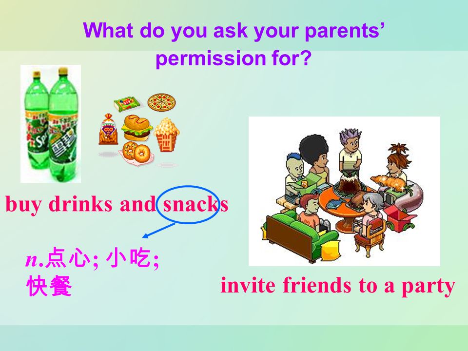 What do you ask your parents’ permission for. buy drinks and snacks invite friends to a party n.
