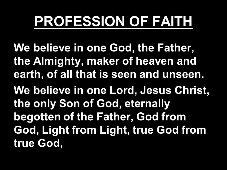 PROFESSION OF FAITH We believe in one God, the Father, the Almighty, maker of heaven and earth, of all that is seen and unseen.