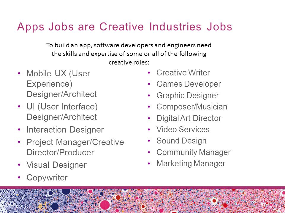 Creative Writer Games Developer Graphic Designer Composer/Musician Digital Art Director Video Services Sound Design Community Manager Marketing Manager Apps Jobs are Creative Industries Jobs Mobile UX (User Experience) Designer/Architect UI (User Interface) Designer/Architect Interaction Designer Project Manager/Creative Director/Producer Visual Designer Copywriter To build an app, software developers and engineers need the skills and expertise of some or all of the following creative roles: