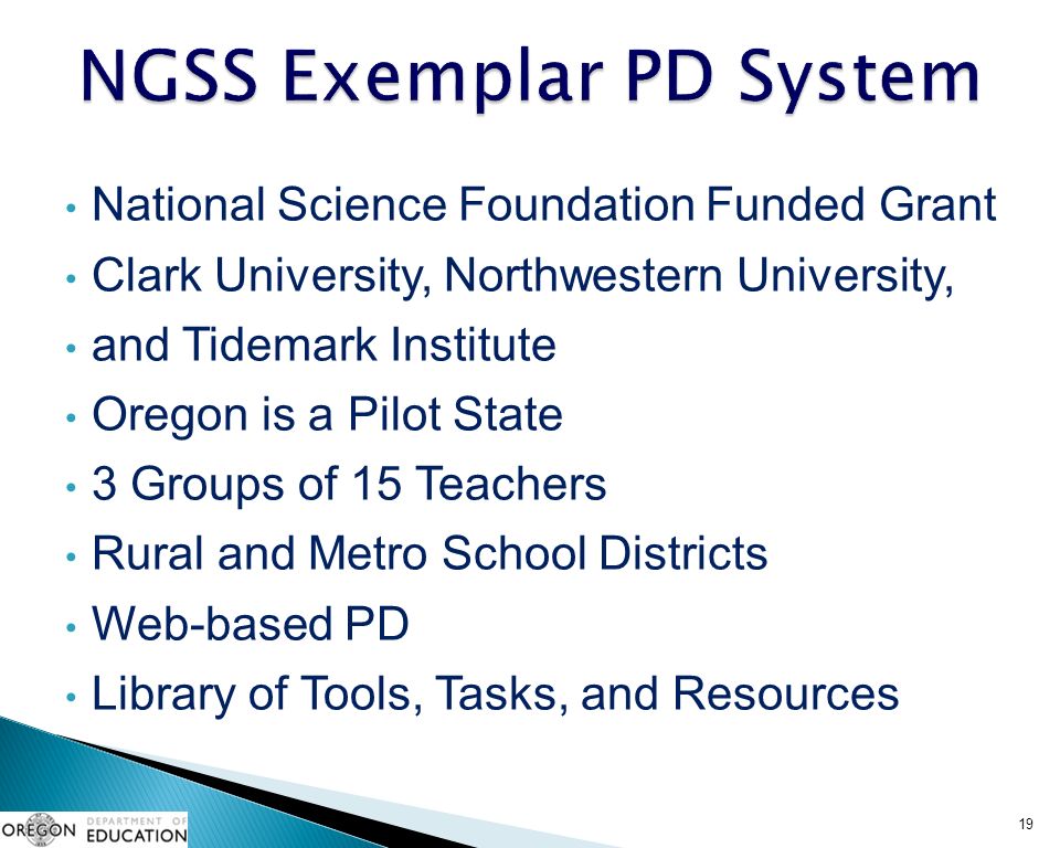 National Science Foundation Funded Grant Clark University, Northwestern University, and Tidemark Institute Oregon is a Pilot State 3 Groups of 15 Teachers Rural and Metro School Districts Web-based PD Library of Tools, Tasks, and Resources 19
