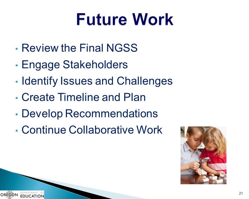 Review the Final NGSS Engage Stakeholders Identify Issues and Challenges Create Timeline and Plan Develop Recommendations Continue Collaborative Work 21