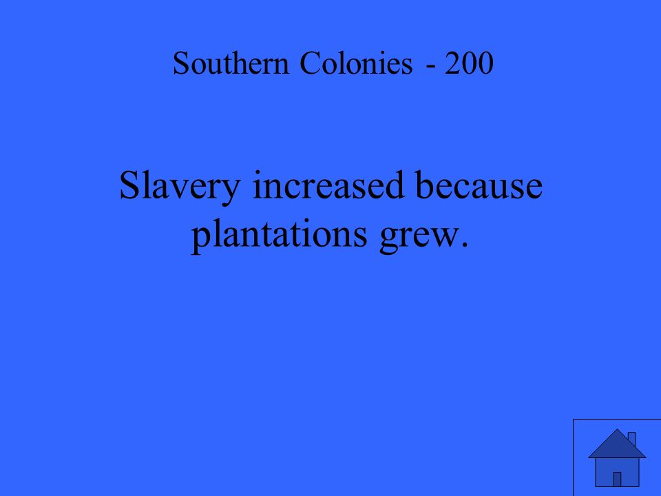 Slavery increased because plantations grew. Southern Colonies - 200