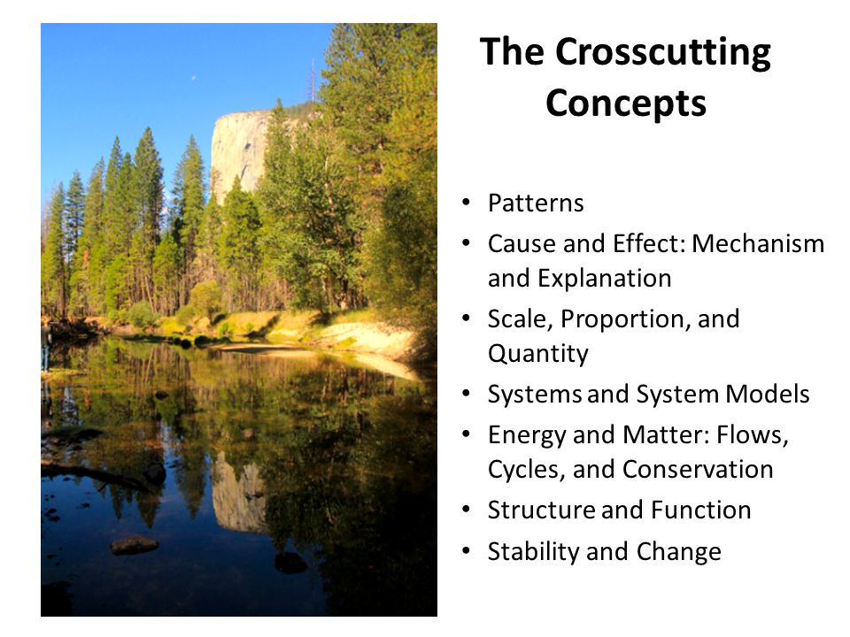 The Crosscutting Concepts Patterns Cause and Effect: Mechanism and Explanation Scale, Proportion, and Quantity Systems and System Models Energy and Matter: Flows, Cycles, and Conservation Structure and Function Stability and Change