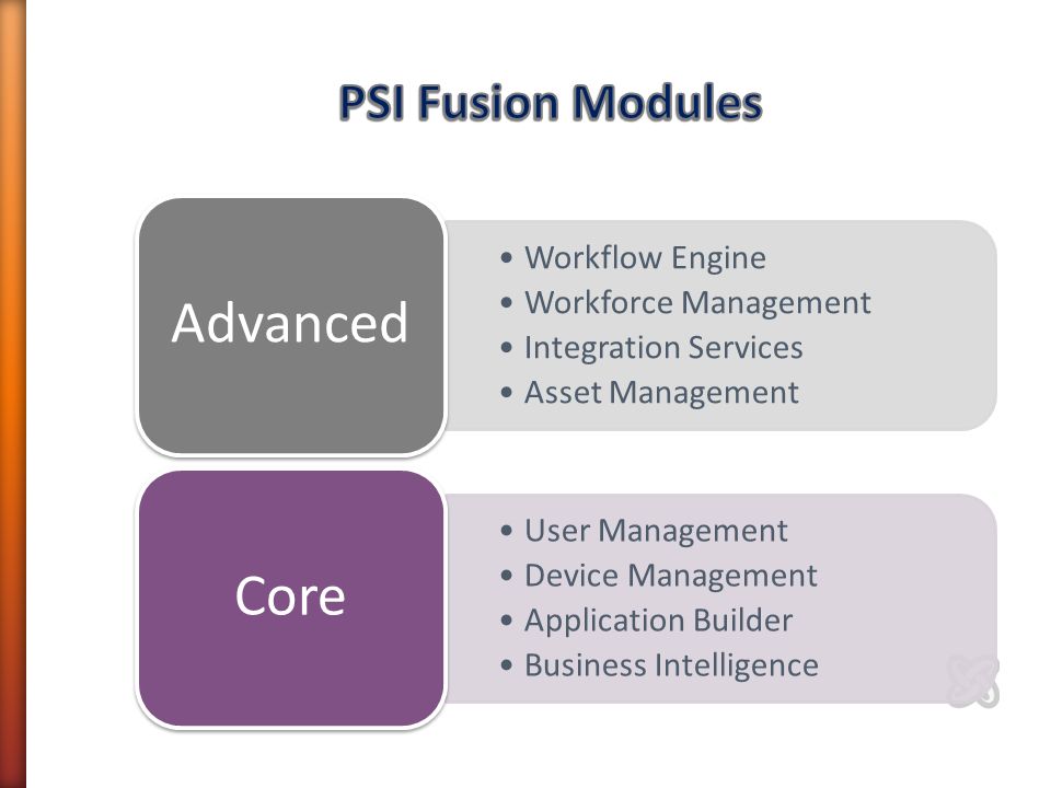 Workflow Engine Workforce Management Integration Services Asset Management Advanced User Management Device Management Application Builder Business Intelligence Core
