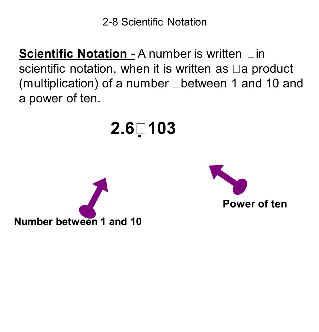 Scientific Notation - A number is written in scientific notation, when it is written as a product (multiplication) of a number between 1 and 10 and a power of ten.