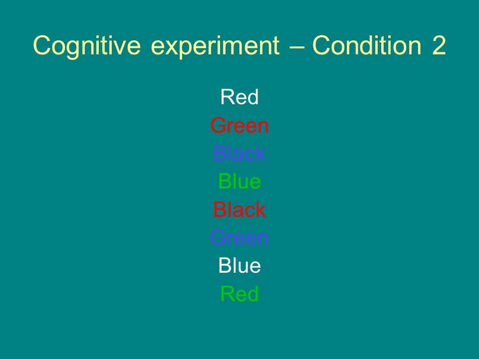 Cognitive experiment – Condition 1 Red Green Black Blue Black Green Blue Red