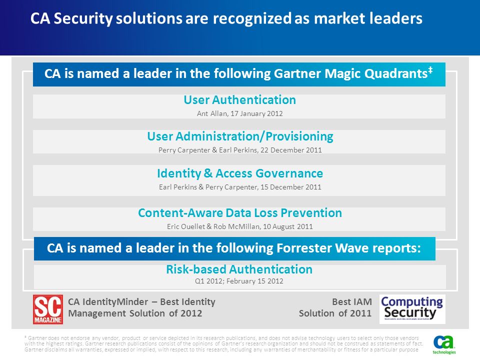CA Security solutions are recognized as market leaders ‡ Gartner does not endorse any vendor, product or service depicted in its research publications, and does not advise technology users to select only those vendors with the highest ratings.