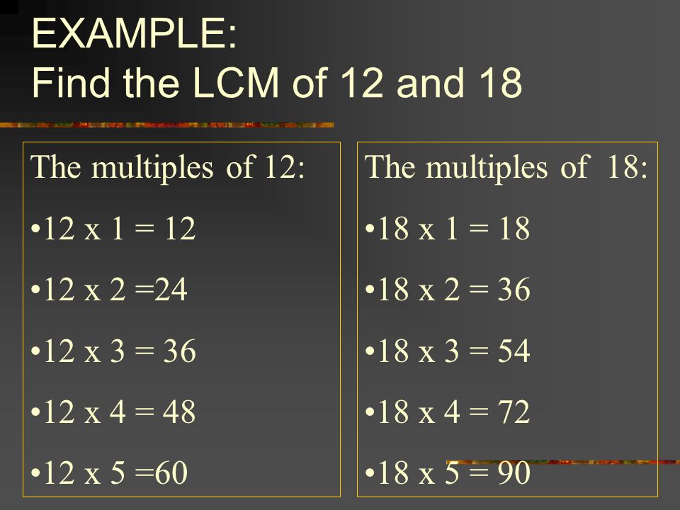 EXAMPLE: Find the LCM of 12 and 18 The multiples of 12: 12 x 1 = x 2 =24 12 x 3 = x 4 = x 5 =60 The multiples of 18: 18 x 1 = x 2 = x 3 = x 4 = x 5 = 90