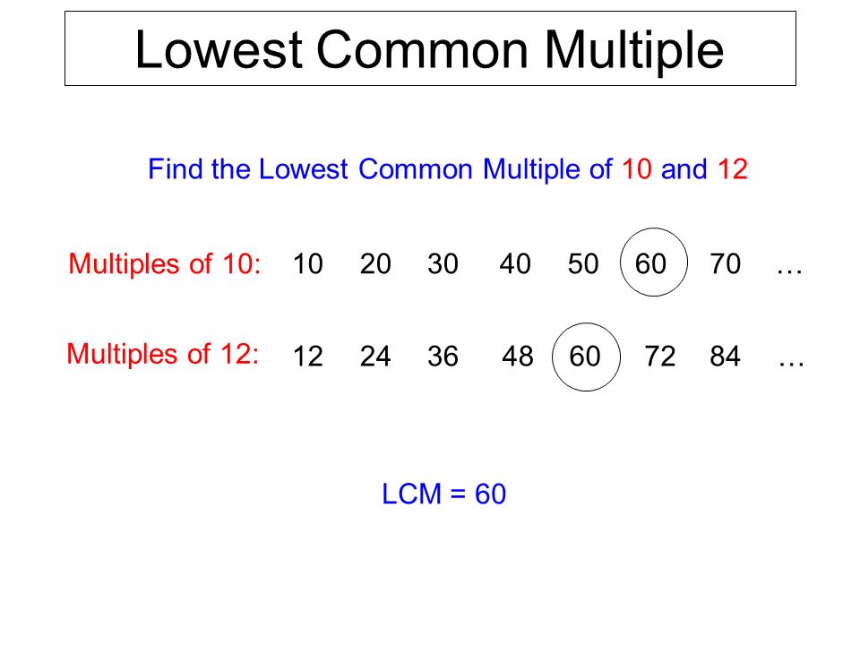 Lowest Common Multiple Find the Lowest Common Multiple of 10 and 12 Multiples of 12: Multiples of 10: LCM = … …