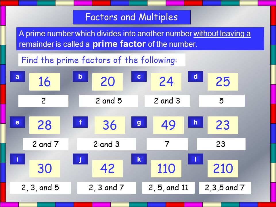 Prime Factors Factors and Multiples A prime number which divides into another number without leaving a remainder is called a prime factor of the number.