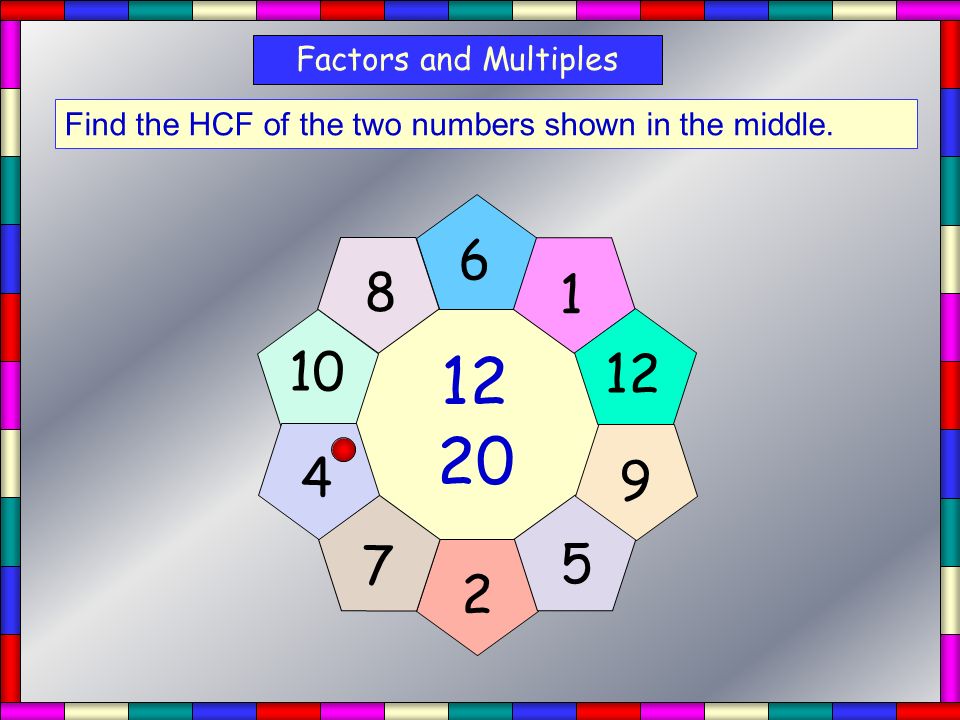 Factors and Multiples Find the HCF of the two numbers shown in the middle.