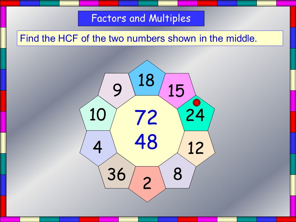 Factors and Multiples Find the HCF of the two numbers shown in the middle.