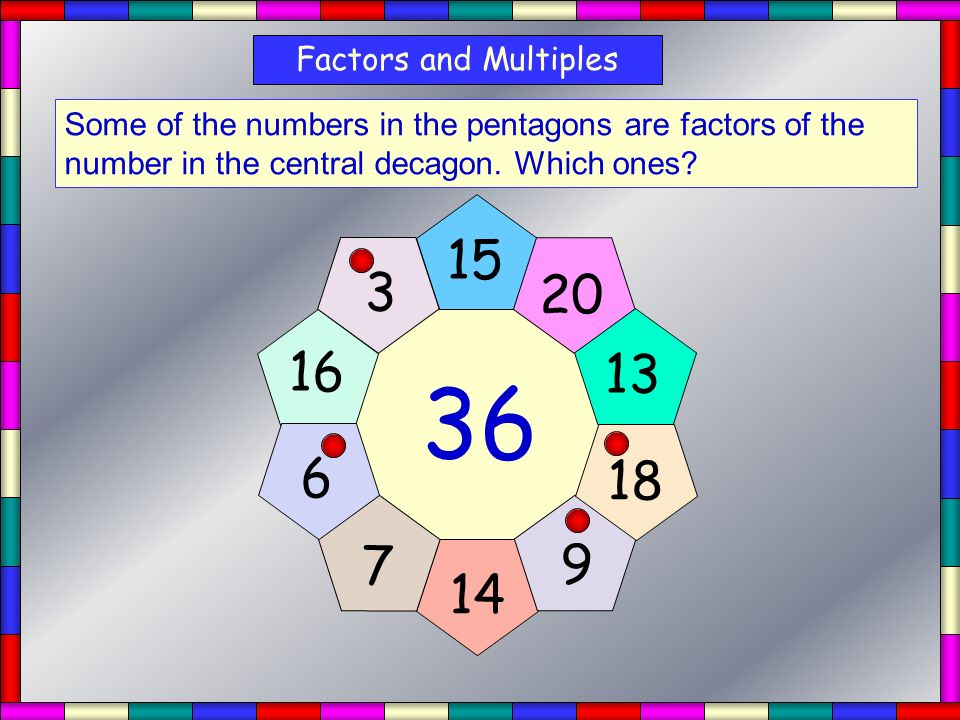 Factors and Multiples Some of the numbers in the pentagons are factors of the number in the central decagon.