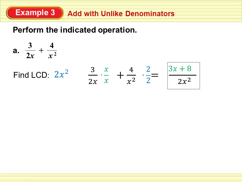 Example 3 Add with Unlike Denominators Perform the indicated operation.