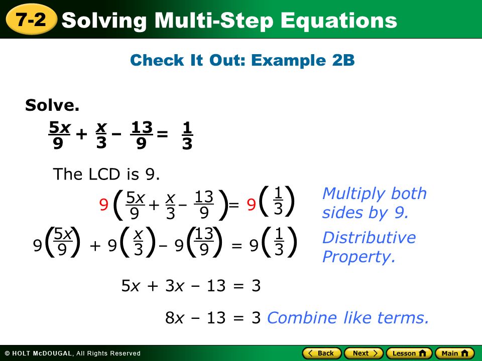 Solving Multi Step Equations 7 2 Learn To Solve Solving Multi Step Equations 7 2 Solve Check It Out
