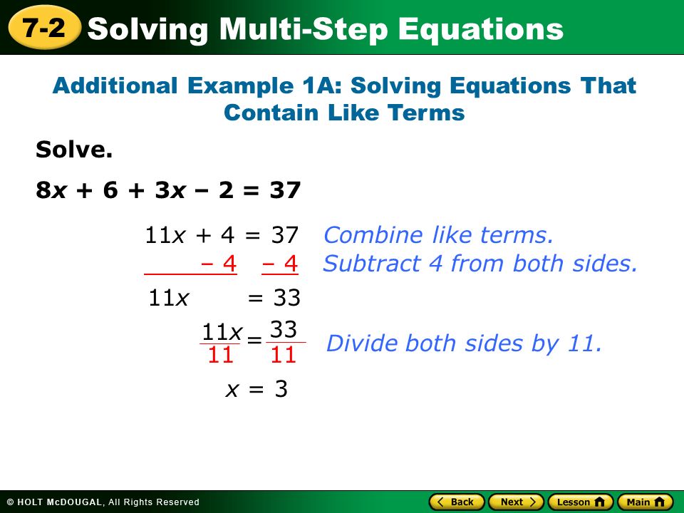 Solving Multi Step Equations 7 2 Learn To Solve Solving Multi Step Equations 7 2 Solve