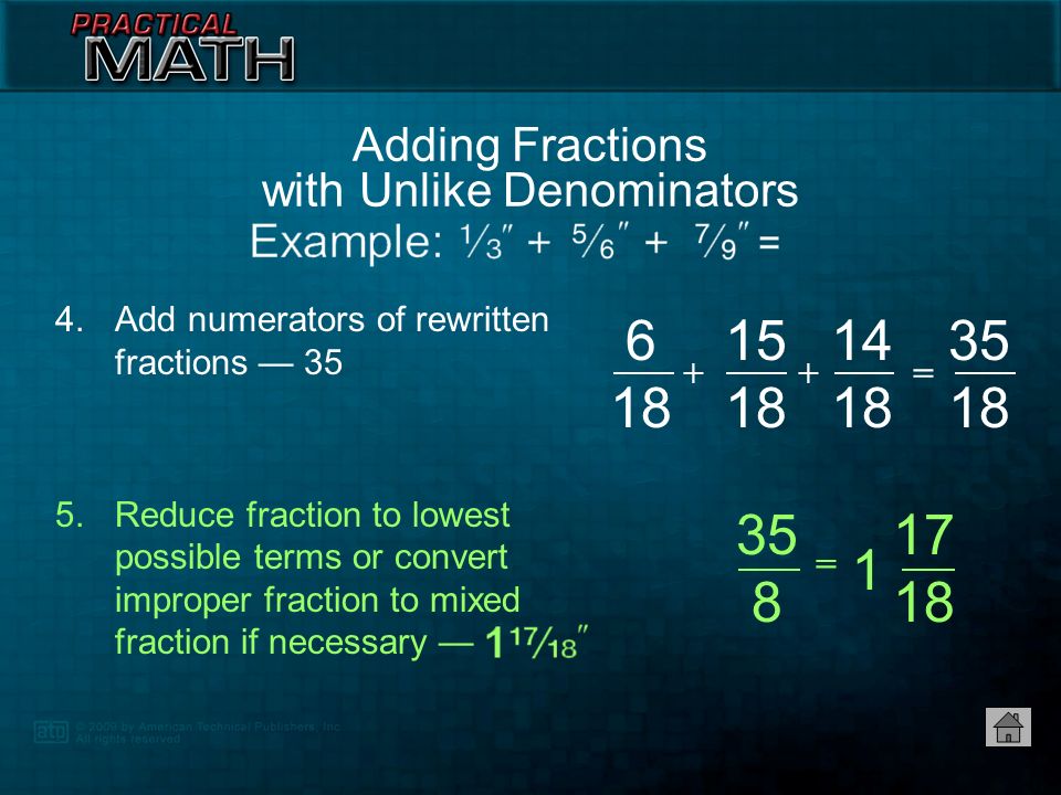 4.Add numerators of rewritten fractions — 35 = Adding Fractions with Unlike Denominators