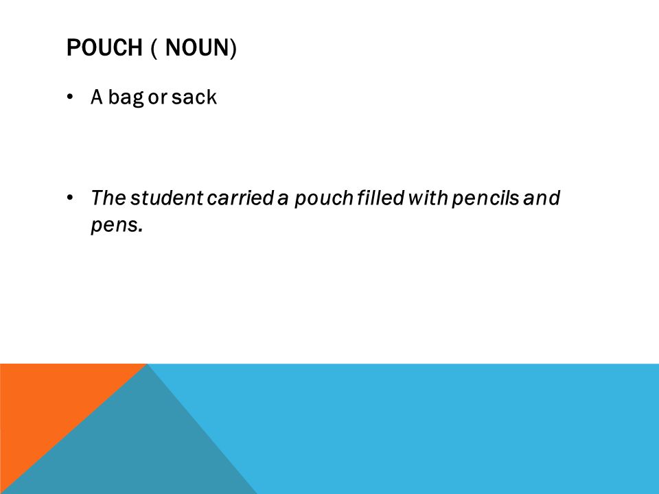 POUCH ( NOUN) A bag or sack The student carried a pouch filled with pencils and pens.