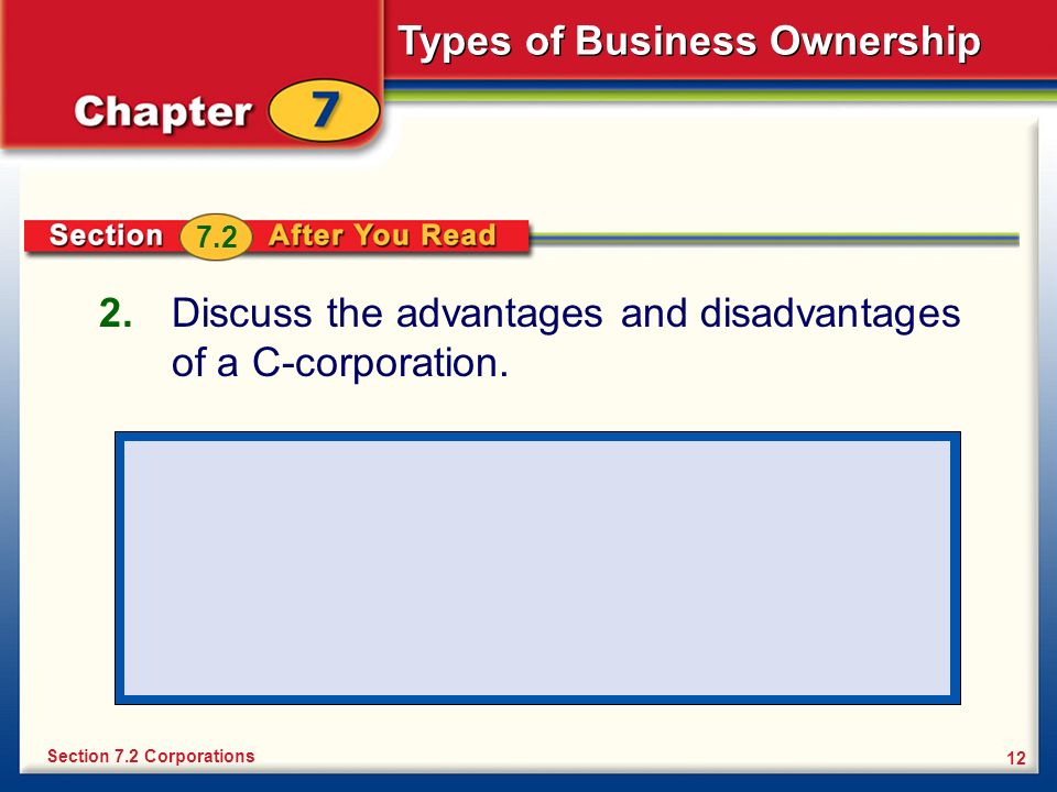 Types of Business Ownership Discuss the advantages and disadvantages of a C-corporation.