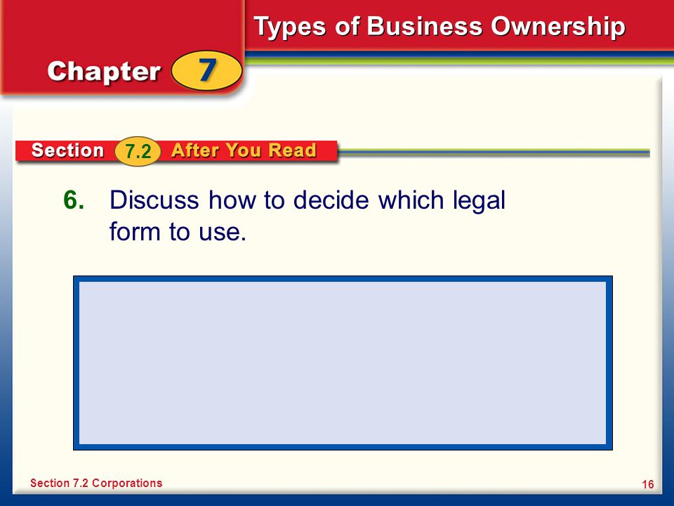 Types of Business Ownership Discuss how to decide which legal form to use.
