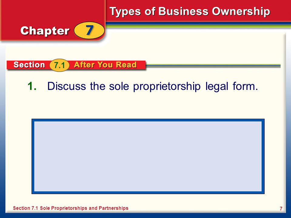 Types of Business Ownership 7 1. Discuss the sole proprietorship legal form.