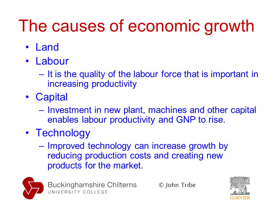 © John Tribe The causes of economic growth Land Labour –It is the quality of the labour force that is important in increasing productivity Capital –Investment in new plant, machines and other capital enables labour productivity and GNP to rise.