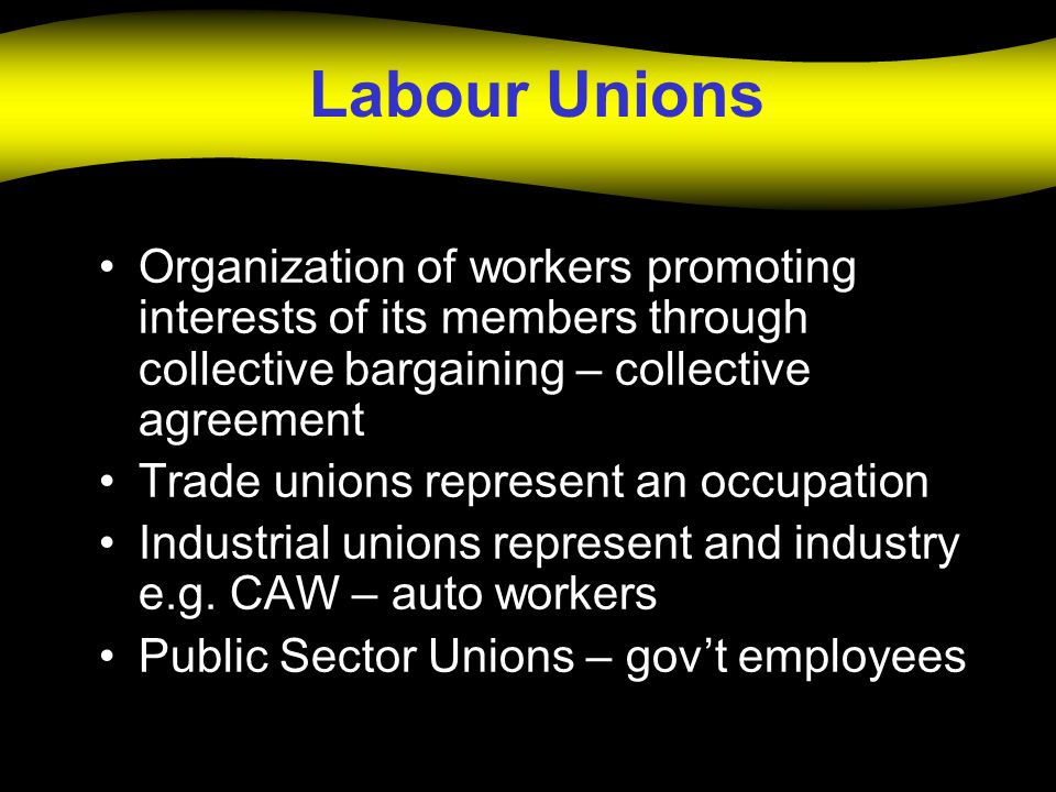 Labour Unions Organization of workers promoting interests of its members through collective bargaining – collective agreement Trade unions represent an occupation Industrial unions represent and industry e.g.