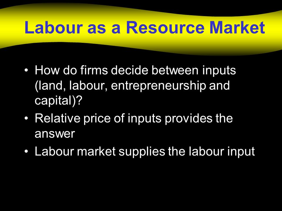 Labour as a Resource Market How do firms decide between inputs (land, labour, entrepreneurship and capital).