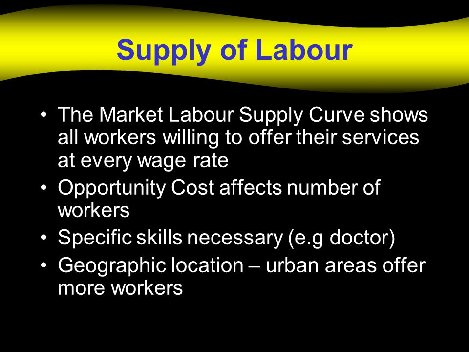 Supply of Labour The Market Labour Supply Curve shows all workers willing to offer their services at every wage rate Opportunity Cost affects number of workers Specific skills necessary (e.g doctor) Geographic location – urban areas offer more workers